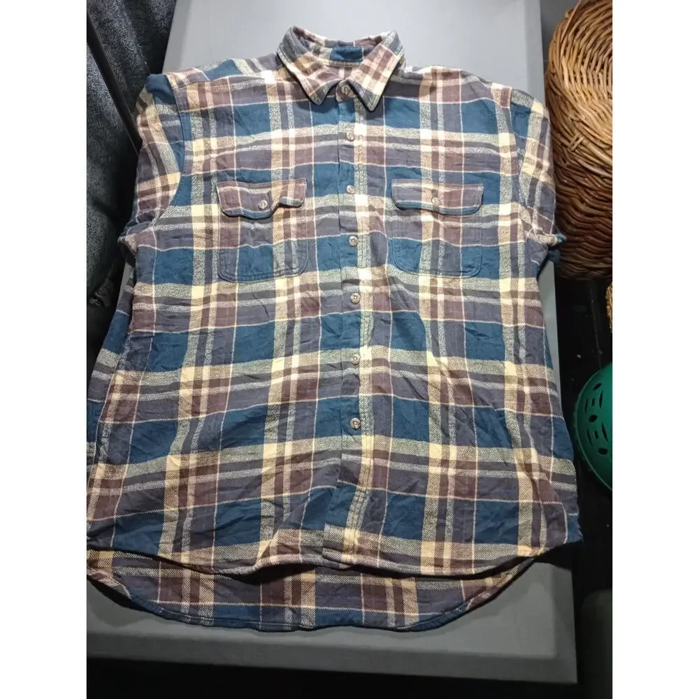 Field & Stream Flannel Button Up Shirt Men's Size XL Plaid Blue Brown Tan